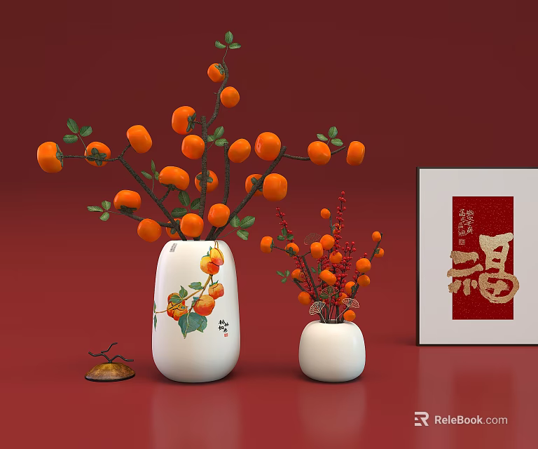 Decorative Ornament Set With White Vases Orange Persimmon Branches Red Berries And Fu Character Frame 3d model 