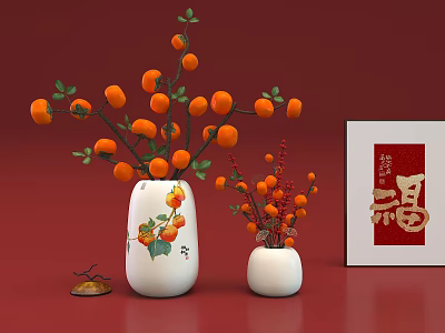 Decorative Ornament Set With White Vases Orange Persimmon Branches Red Berries And Fu Character Frame 3d model