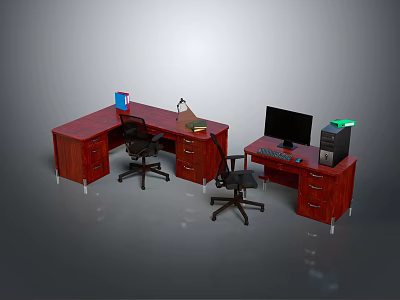 Wooden Office Desk Setup With Drawers Computer Monitor Desk Lamp Blue Cup And Black Chair 3d model