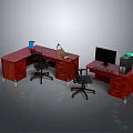 Wooden Office Desk Setup With Drawers Computer Monitor Desk Lamp Blue Cup And Black Chair