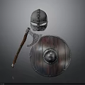 Medieval Weapons Set Including Helmet Axe And Shield With Intricate Details