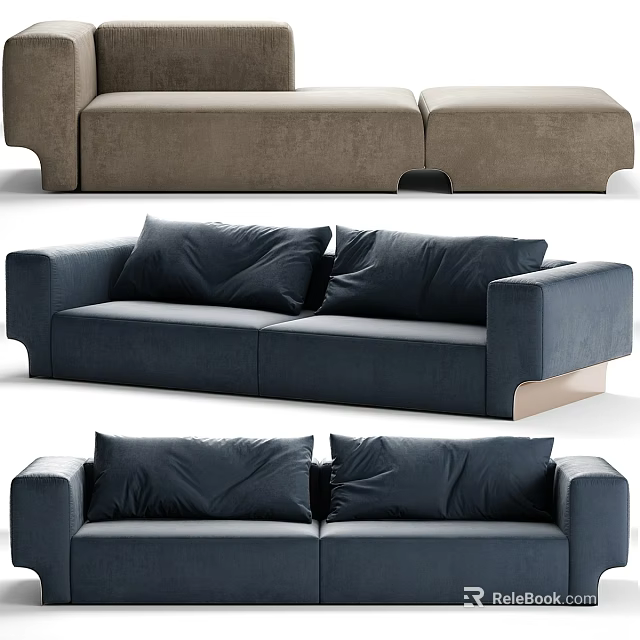 Modern Modular Sofa Designs In Dark Blue And Brown With Soft Pillows 3d model