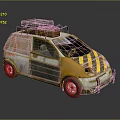 Rusty Small Car With Yellow Black Stripes Roof Rack Luggage And Silver Wheels