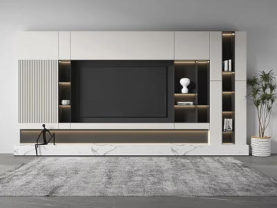 Modern Minimalist TV Wall with White Cabinetry Built in TV LED Strip Lighting Open Shelves 3d model