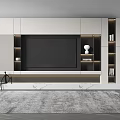Modern Minimalist TV Wall with White Cabinetry Built in TV LED Strip Lighting Open Shelves