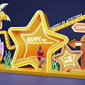 Vibrant Star Shaped Neon Photo Check in Spot With Happy Sign Surfboard and Palm Tree