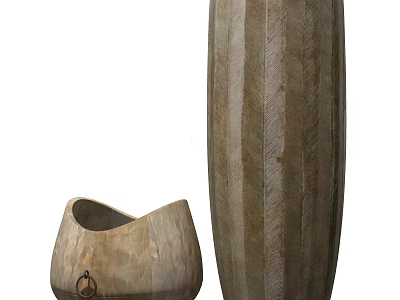 Decorative Ornament Set With Wooden Tall Cylindrical Vase And Irregular Container With Vertical Stripe Texture 3d model
