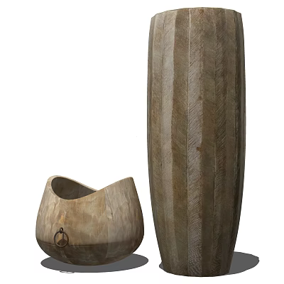 Decorative Ornament Set With Wooden Tall Cylindrical Vase And Irregular Container With Vertical Stripe Texture 3d model