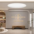 Modern Reception Interior With Wooden Desk Decorative Wall Circular Lighting And Plants