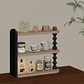 Multi Tiered Wooden Storage Shelf with Mugs Jars Decorative Items and Green Plant