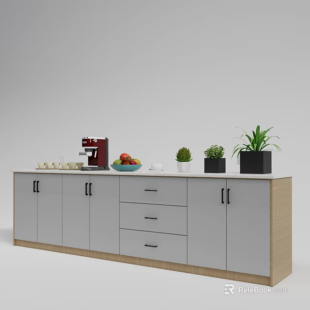 Modern Bar Counter With Gray Cabinets Drawers Coffee Machine Fruits And Potted Plants 3d model 