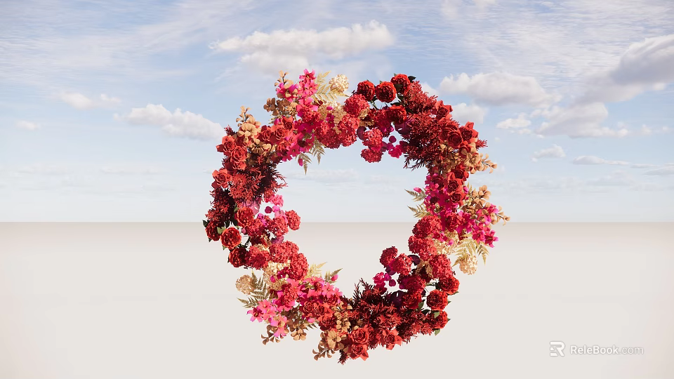 Colorful Floral Installation Wreath With Red Pink Flowers And Blue Sky Background 3d model 