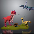 Cartoon Dinosaur Characters Pink T Rex Yellow Small Dino And Blue Pterodactyl On Green Grassland