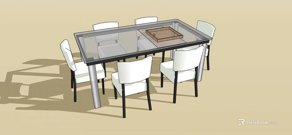 Modern Glass Top Dining Table Set With Six White Chairs And Wooden Tray 3d model 