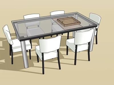 Modern Glass Top Dining Table Set With Six White Chairs And Wooden Tray 3d model