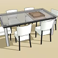 Modern Glass Top Dining Table Set With Six White Chairs And Wooden Tray