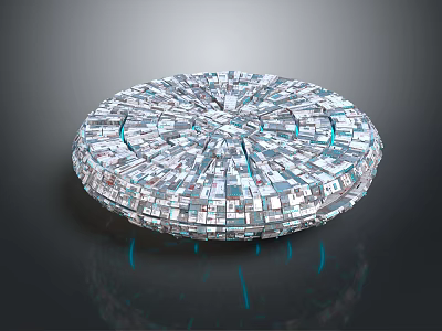 Futuristic Circular Silver Structure Made Of Small Squares With Blue Lines And Reflective Base 3d model