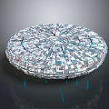 Futuristic Circular Silver Structure Made Of Small Squares With Blue Lines And Reflective Base