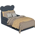 Blue Kids Bed With Bear Ear Headboard And Striped Bed Sheets 3d model