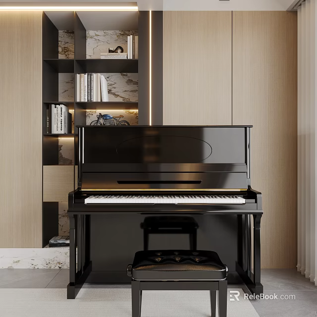 Black Upright Piano In Modern Interior With Shelves And Lighting 3d model 