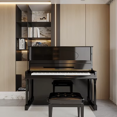 Black Upright Piano In Modern Interior With Shelves And Lighting 3d model