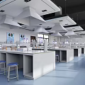 Modern Laboratory Interior With White Tables Fume Hoods And Display Screens