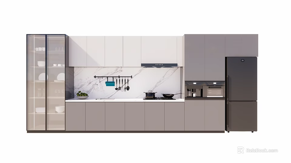 Modern Kitchen With White And Gray Cabinets Marble Countertop Range Hood And Refrigerator 3d model