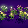 Yellow Flowers With Multiple Blooms Green Stems Leaves On Dark Background And Other Colored Flowers