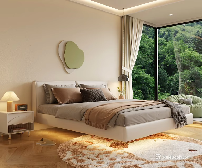 Double Bed In Modern Bedroom With Wooden Floor Large Window And Green Forest View 3d model 