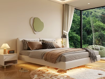 Double Bed In Modern Bedroom With Wooden Floor Large Window And Green Forest View 3d model