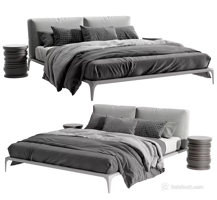 Modern Double Bed With Gray Black Bedding Pillows And Side Tables 3d model