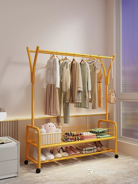 Yellow Clothes Rack With Hanging Shirts Dresses And Basket Containing Pink Pig Toy Storage Items 3d model 
