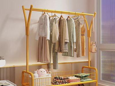 Yellow Clothes Rack With Hanging Shirts Dresses And Basket Containing Pink Pig Toy Storage Items 3d model