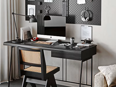 Stylish Work Desk Setup With Computer Monitor Desk Lamp Coffee Mug And Woven Chair 3d model