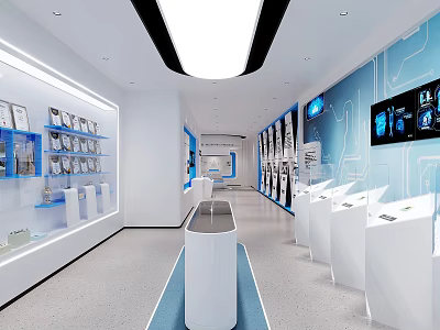 Modern Exhibition Hall With White Podiums Blue Decor Screens And Display Cases 3d model