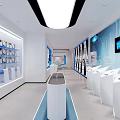 Modern Exhibition Hall With White Podiums Blue Decor Screens And Display Cases