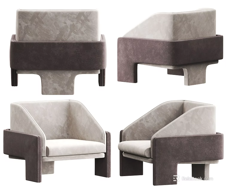 Modern Single Sofa Design With Brown Gray Fabric And Square Armrest Base 3d model