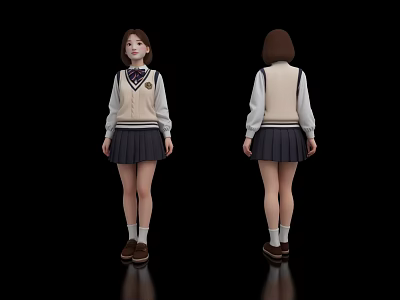 Woman Wearing School Uniform with Vest Shirt Pleated Skirt and Brown Shoes Front Back View 3d model
