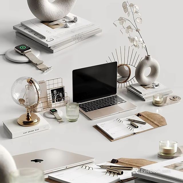 Organized Desktop Setup With Stacked Magazines Smartwatch Globe Laptop Photo Frame And Decorative Candles 3d model 