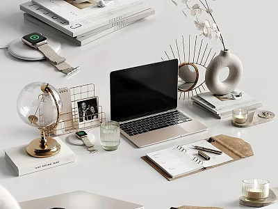 Organized Desktop Setup With Stacked Magazines Smartwatch Globe Laptop Photo Frame And Decorative Candles 3d model