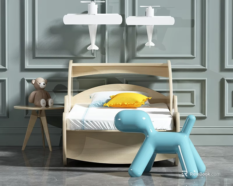 Wooden Kids Bed With Curved Headboard Yellow Pillow Blue Inflatable Dog And Airplane Pendant Lights 3d model 