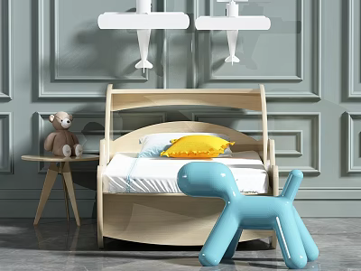 Wooden Kids Bed With Curved Headboard Yellow Pillow Blue Inflatable Dog And Airplane Pendant Lights 3d model