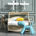 Wooden Kids Bed With Curved Headboard Yellow Pillow Blue Inflatable Dog And Airplane Pendant Lights