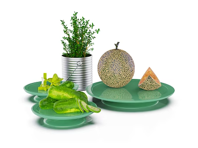 Fresh Cantaloupe Melon with Sliced Pieces on Green Plates and Herb Plant in Metal Can 3d model