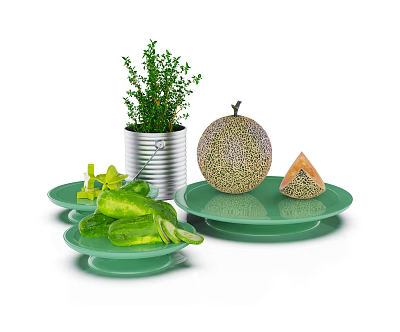 Fresh Cantaloupe Melon with Sliced Pieces on Green Plates and Herb Plant in Metal Can 3d model