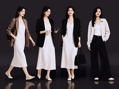 Four Women Showcasing Stylish White Dresses Blazers And Pants On Black Background 3d model