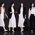 Four Women Showcasing Stylish White Dresses Blazers And Pants On Black Background