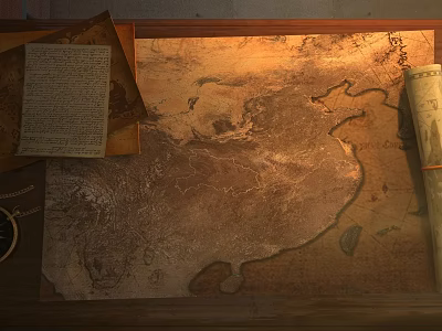 Animated kraft paper map China map scroll compass navigation map Hubei special effects 3d model