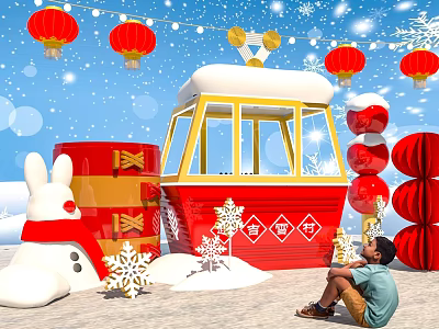 Charming Photo Check-in Spot With Red Lanterns Snowflakes White Rabbit And Snowman 3d model