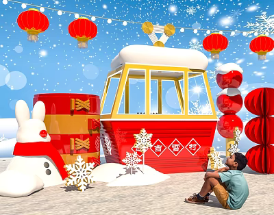 Charming Photo Check-in Spot With Red Lanterns Snowflakes White Rabbit And Snowman 3d model